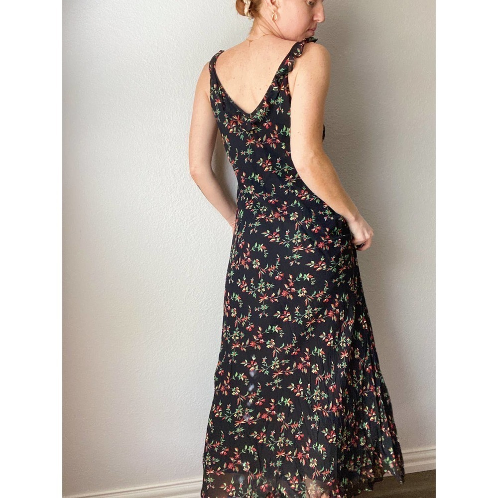 Vintage Black Floral Sweetheart Ruffle Trim Maxi Dress 100% Rayon - Picture 3 of 7